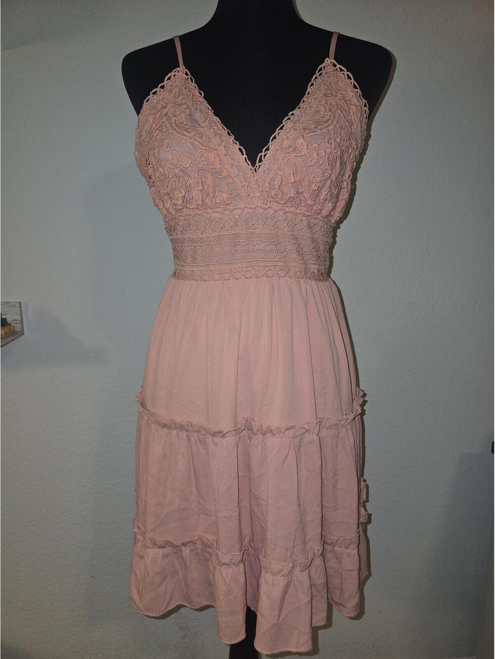 Ecowish Pink Lace and Tiered Dress with Tie Back, Size Small